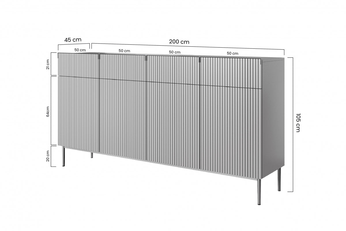 Komoda Nicole z czterema szufladami na metalowych nogach 200 cm - szałwia / złote nóżki