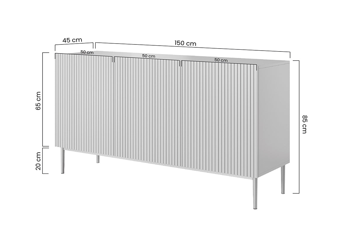 Komoda Nicole z ryflowanym frontem i metalowymi nogami 150 cm - biały mat / złote nóżki