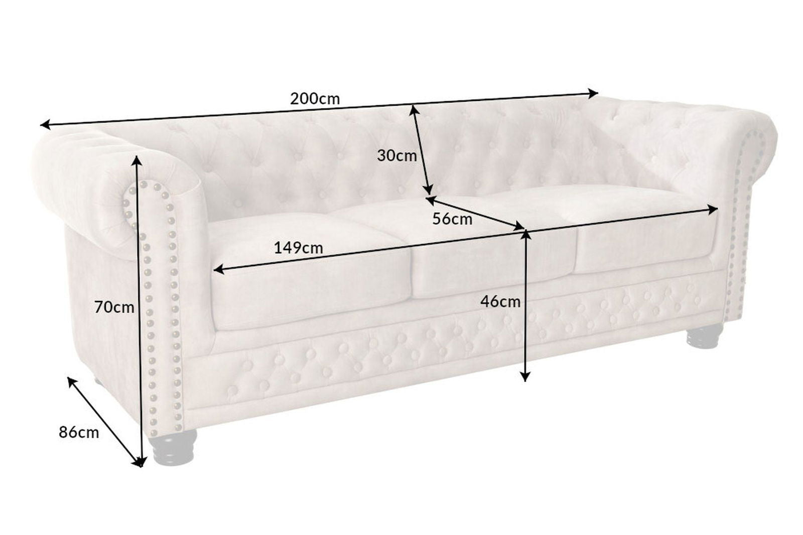 SOFA 3 OSOBOWA CHESTERFIELD AKSAMIT 200 CM / 42310 / INVICTA INTERIOR