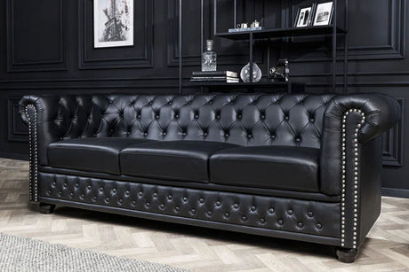 SOFA CHESTERFIELD 3 OSOBOWA IMITACJA SKÓRY CZARNA / 41447 / INVICTA INTERIOR