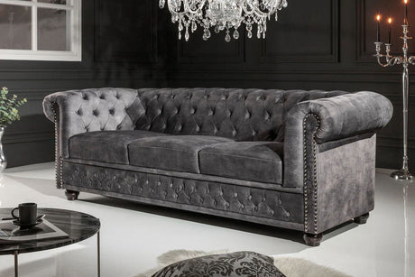 SOFA CHESTERFIELD 3 OSOBOWA SZARA AKSAMIT / 41215 / INVICTA INTERIOR