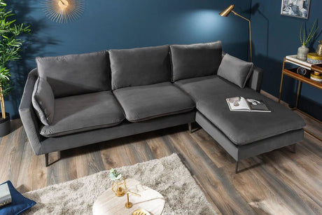 SOFA NAROŻNA FAMOUS 260 CM SZARA AKSAMIT / 40092 / INVICTA INTERIOR