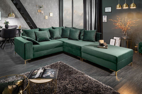 SOFA NAROŻNA LOFT SZMARAGDOWA z pufą / 39831 / INVICTA INTERIOR