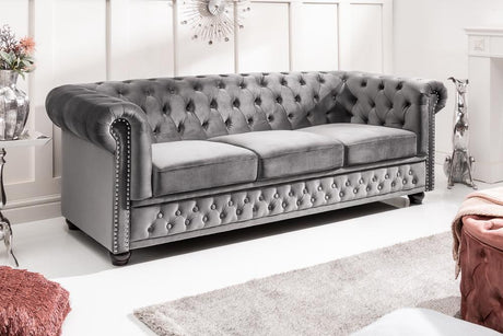 Sofa Chesterfield 3 osobowa aksamit szary / 40482 / INVICTA INTERIOR