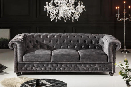 SOFA CHESTERFIELD 3 OSOBOWA SZARA AKSAMIT / 41215 / INVICTA INTERIOR